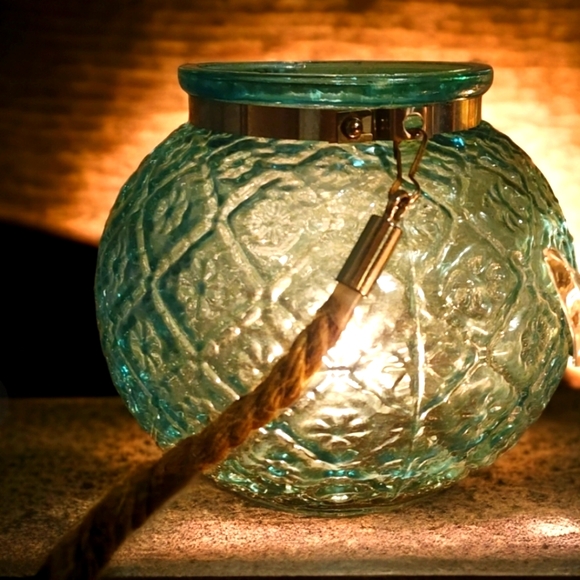 Blue Moroccan Globe Vase Teal Candle Holder w/Rope Handle Turquoise Vessel - Picture 2 of 4